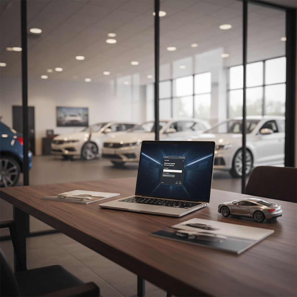 Scrivania moderna in una sala consulenze auto: un grande tavolo in legno scuro con finitura opaca ospita un notebook aperto che mostra uno schermo con un’interfaccia di configuratore auto e modulo contatti stilizzato, senza testi leggibili. Accanto, brochure eleganti con foto di vetture e un modellino di auto sportiva metallica come elemento decorativo. Sullo sfondo, attraverso una parete di vetro, si vede in sfocatura lo showroom con alcune auto nuove illuminate. Luce ambiente calda da faretti a soffitto, combinata con luce naturale che entra da grandi vetrate laterali. Inquadratura leggermente dall’alto, atmosfera professionale, rassicurante e orientata alla consulenza personalizzata e ai preventivi.