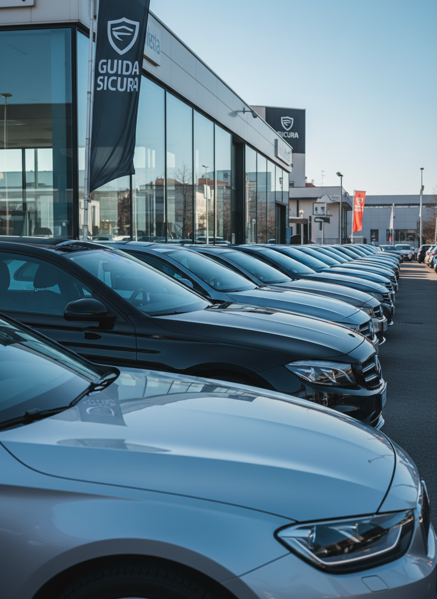 Una fila di auto nuove e seminuove brillanti, di diversi modelli e colori, allineate con precisione su un piazzale moderno di una concessionaria a Frosinone. La carrozzeria lucida riflette il cielo azzurro e le linee architettoniche dell’edificio vetrato sullo sfondo. La scena è illuminata da una forte luce diurna nitida, che esalta dettagli come cerchi in lega, gruppi ottici LED e superfici metalliche. Inquadratura grandangolare a livello strada, con prospettiva leggermente diagonale che crea profondità. Atmosfera energica e decisa, stile fotografico realistico, colori saturi e contrasto marcato per trasmettere la personalità bold del marchio "Guida Sicura" e il focus sulla vendita di auto affidabili.