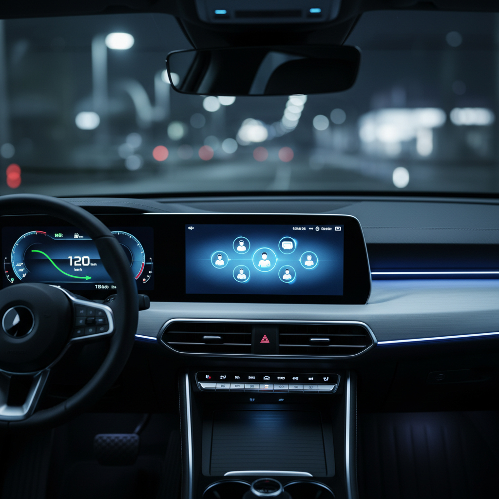 Vista dall’alto di un cruscotto digitale illuminato in un’auto contemporanea, con quadro strumenti pienamente acceso: tachimetro digitale, grafici di consumo, icone di assistenza alla guida, il tutto reso con estetica pulita e futuristica. Al centro compare un display che suggerisce graficamente un sistema di messaggistica per contatto rapido, ispirato a WhatsApp ma senza loghi o testo. Illuminazione notturna, con luce interna soffusa in tonalità blu e bianche che esalta i dettagli tecnologici. Sfondo completamente fuori fuoco, concentrato solo sulla plancia. Stile fotografico realistico, composizione centrale, atmosfera high-tech e sicura, perfetta per una sezione dedicata a servizi digitali, richieste informazioni e supporto clienti.