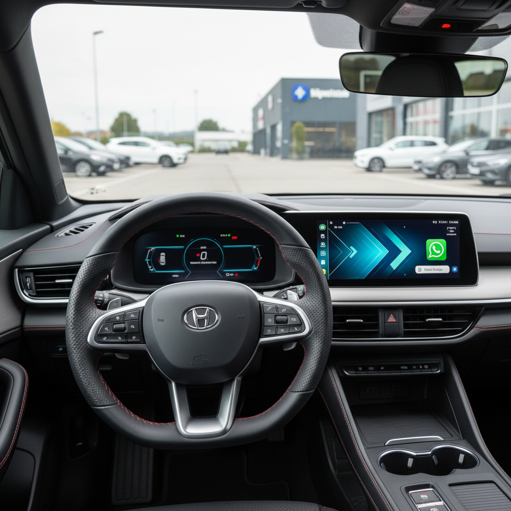 Interno di un’auto nuova visto dal posto del guidatore: volante in pelle nera con cuciture a contrasto, plancia moderna con schermo centrale acceso che mostra un’interfaccia stilizzata per la richiesta di preventivo e contatto WhatsApp, senza testo leggibile. I materiali morbidi al tatto e le finiture in alluminio spazzolato sono resi in fotografia ad alta definizione. L’auto è parcheggiata all’esterno, e attraverso il parabrezza si intravede sfocato il piazzale della concessionaria. Luce diurna entra dal lato sinistro, creando riflessi controllati sulle superfici lucide. Inquadratura grandangolare leggermente inclinata verso destra, atmosfera tecnologica, affidabile e dinamica.