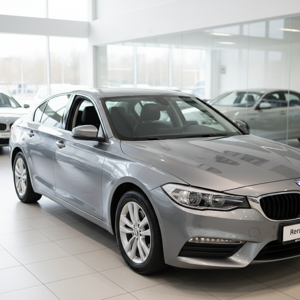 Primo piano fotografico di una berlina seminuova di fascia medio-alta, vernice grigio metallizzato perfettamente lucidata, interni visibili attraverso i vetri leggermente scuri. L’auto è parcheggiata in uno showroom minimalista con pavimento in resina chiara e pareti bianche, dove grandi vetrate lasciano entrare luce naturale diffusa. Alle spalle si intravedono in sfocatura altre vetture del catalogo, ordinate per segmento. Illuminazione morbida da studio con riflessi controllati sulla carrozzeria. Inquadratura a tre quarti anteriore, con profondità di campo ridotta che isola il veicolo. Mood professionale e sicuro, estetica pulita e moderna ideale per una pagina di catalogo auto filtrabile.